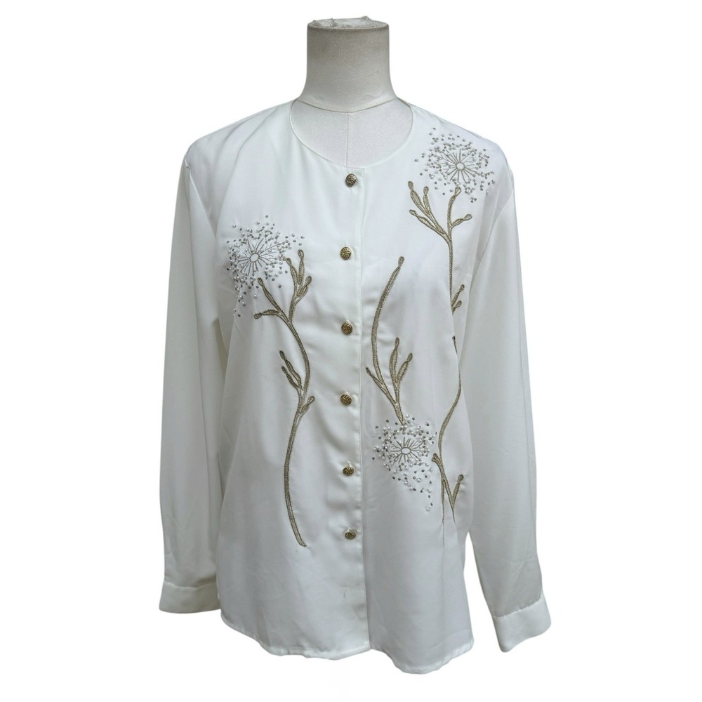 Kathy Che Blouse Womens 14 Ivory Gold Floral Embroidered Beaded Vintage Blouse